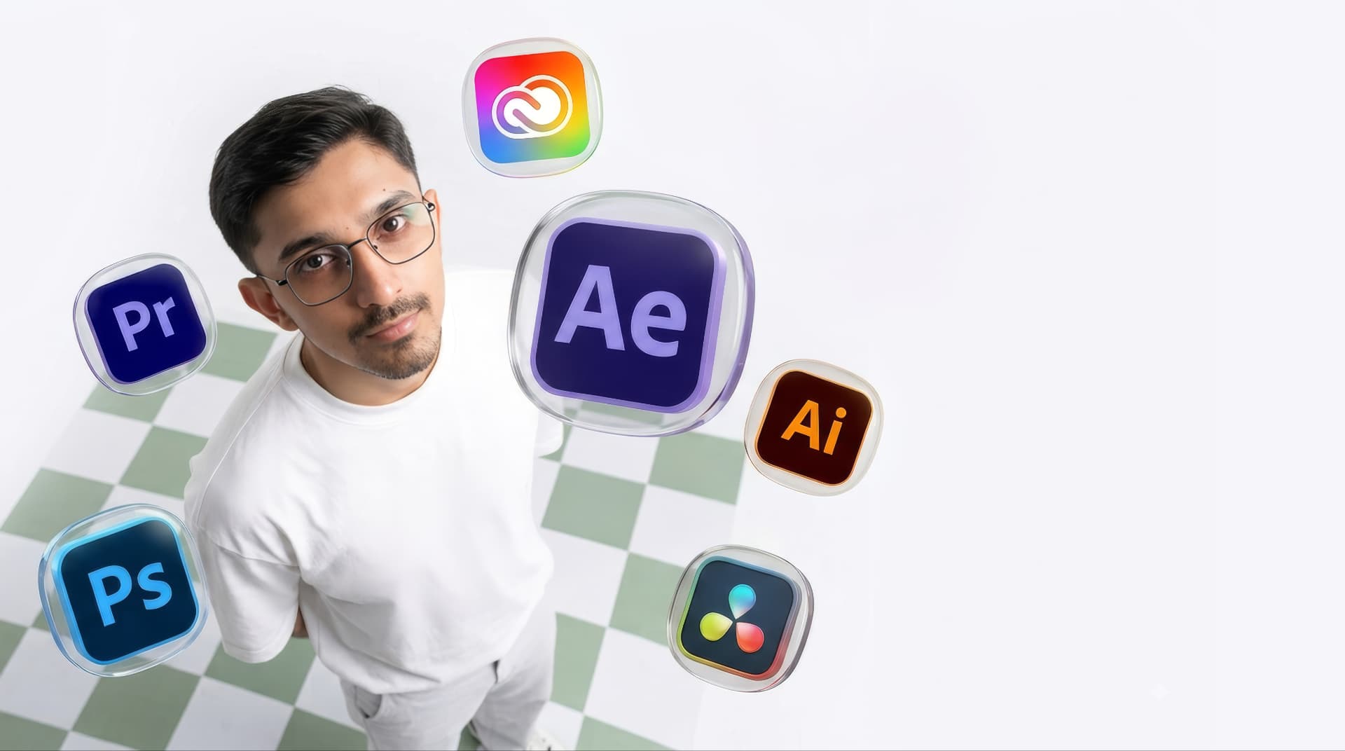Bhavin Ratanpara, Motion Graphics Designer and Video Editor, surrounded by creative software icons